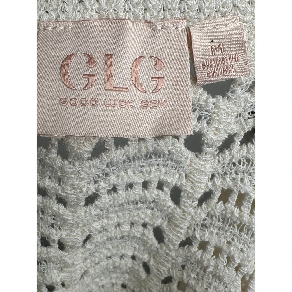 Good Luck Gem Crochet Cardigan Medium Cream Pointelle Cotton Knit Top Cottage